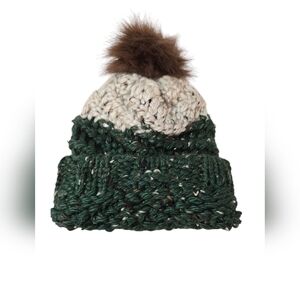 NWOT Hand Knitted Hat with Pom Green Cream Brown Chunky Beanie